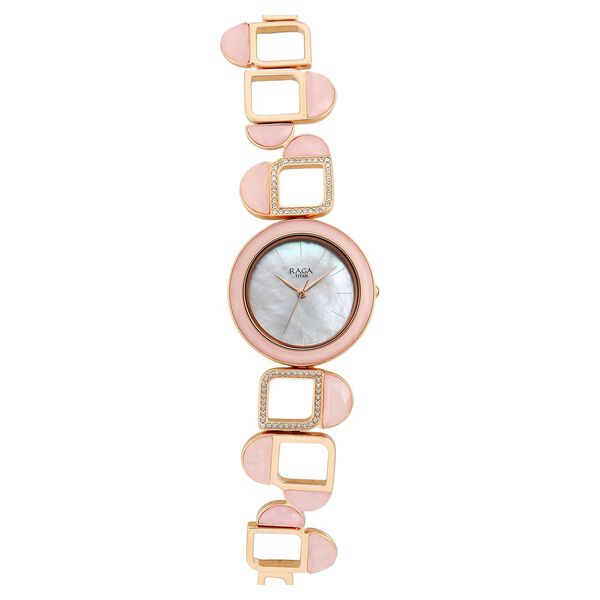Titan Raga New You Quartz Analog Mother Of Pearl Round Dial Rose Gold Metal Strap Watch For Women - image number 2