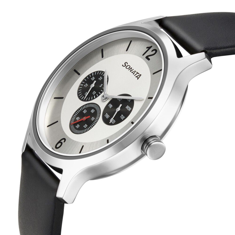 Buy Online Sonata Quartz Analog Silver Dial Leather Strap Watch
