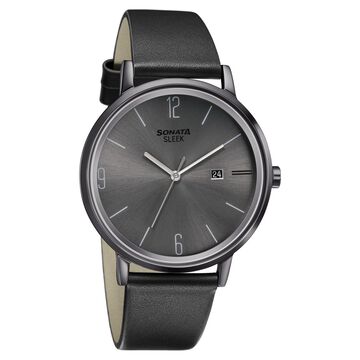 Sonata Quartz Analog with Date Grey Dial Leather Strap Watch for Men