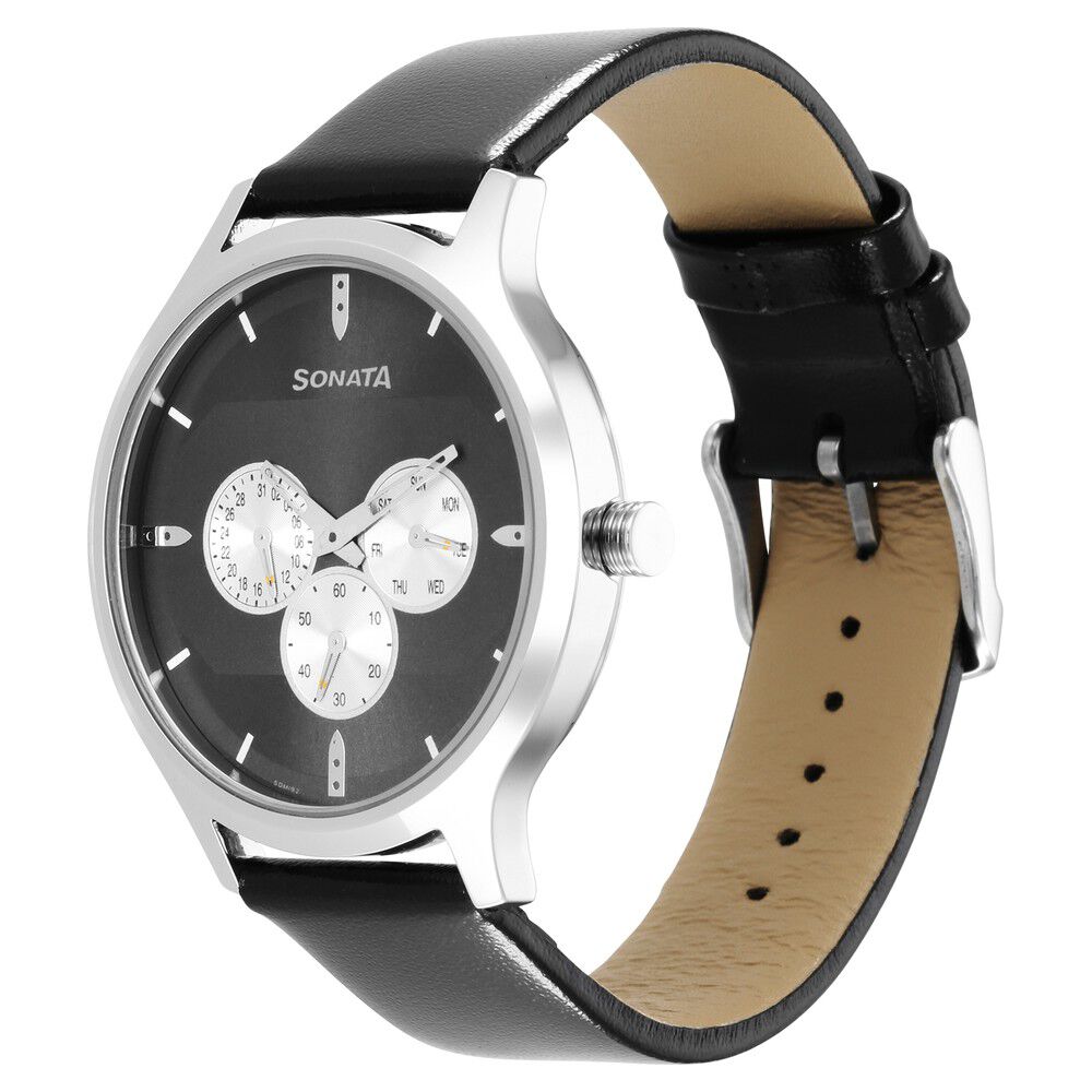 Buy Online Sonata Force Quartz Multifunction Black Dial Leather