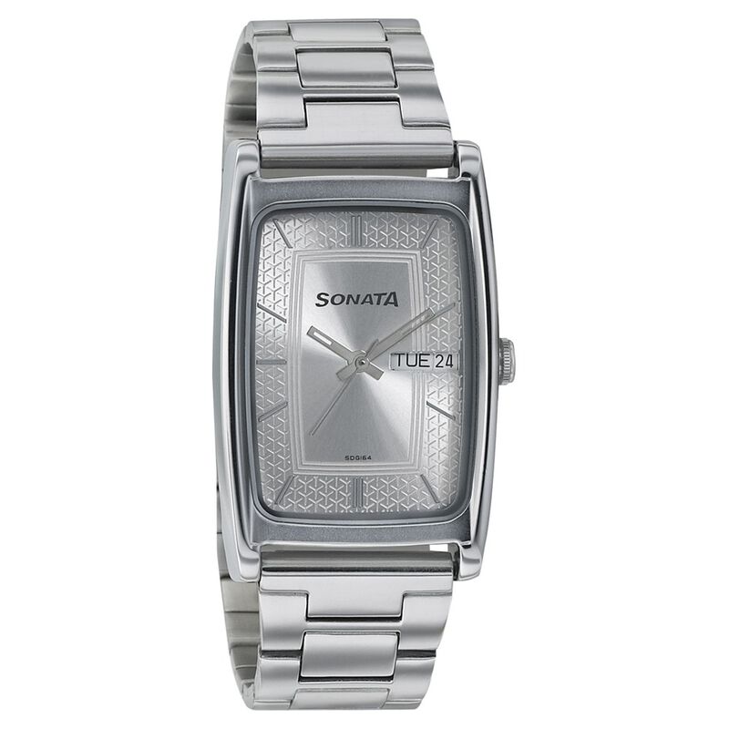 Sonata Quartz Analog with Day and Date Silver Dial Stainless Steel Strap Watch for Men