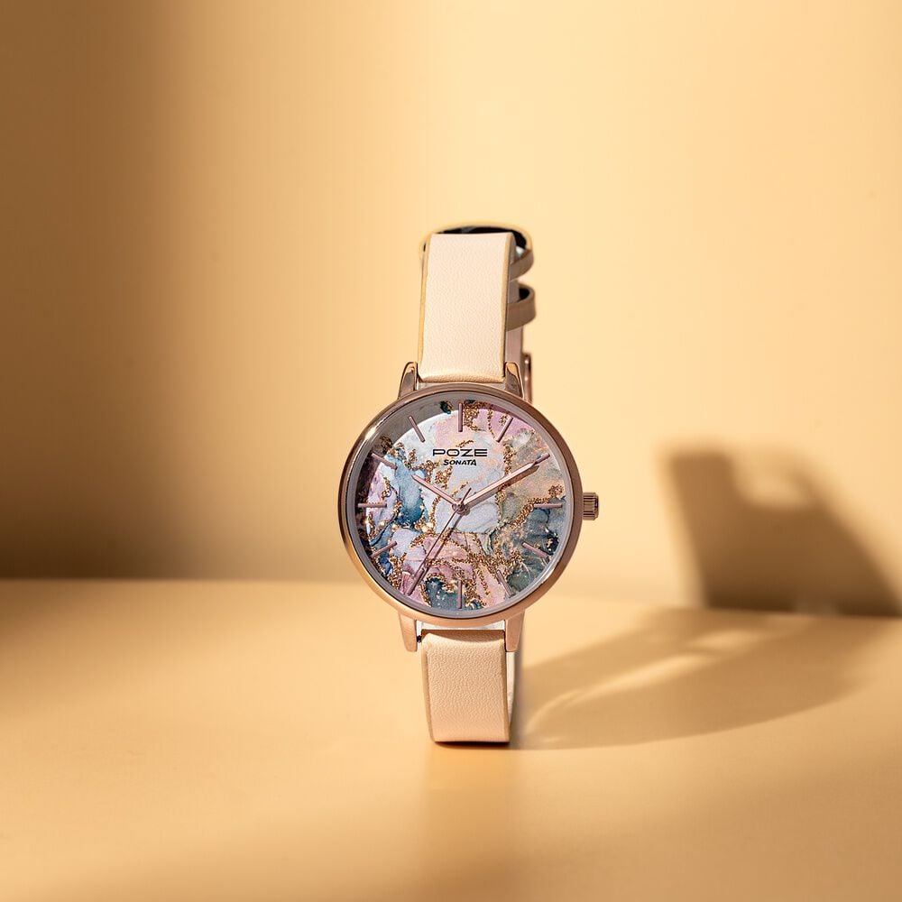 Sonata Poze Quartz Analog Multicoloured Dial Cream Colour Leather Strap Watch For Women-image-9