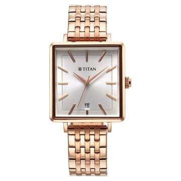 Titan Minimalists Quartz Analog with Date Silver Dial Rose Gold Stainless Steel Strap Watch for Women