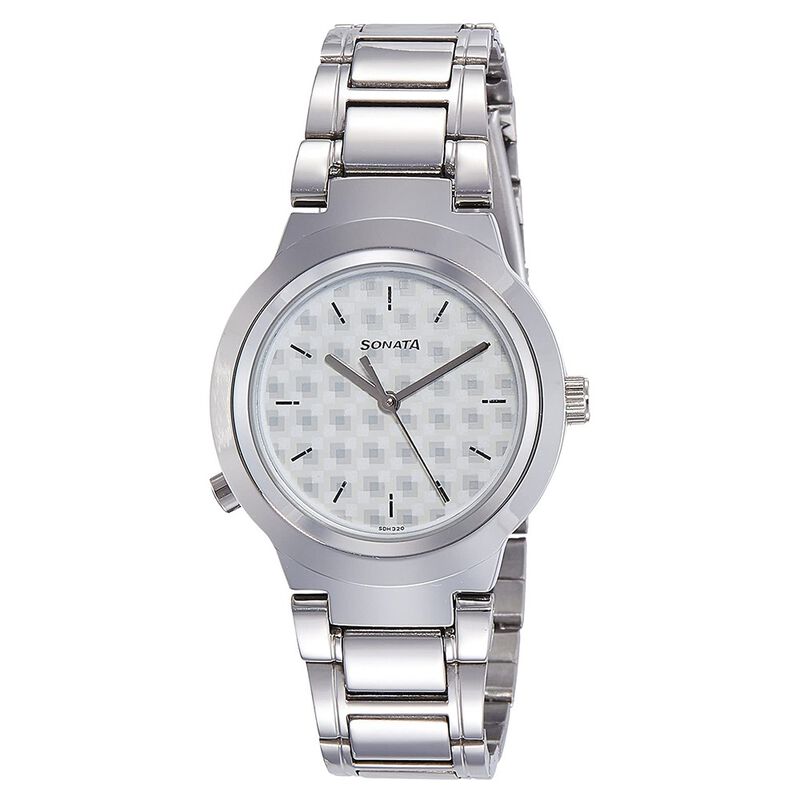 Sonata Act Safety Watch White Dial Women Watch With Stainless Steel Strap