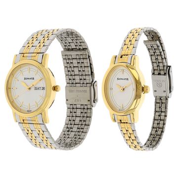 Sonata Quartz Analog White Dial Stainless Steel Strap Watch for Couple