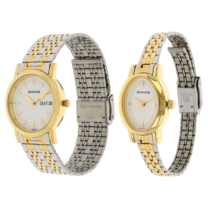 Sonata Quartz Analog White Dial Stainless Steel Strap Watch for Couple - image number 1