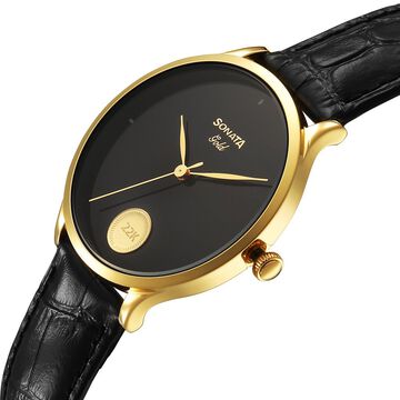 Sonata Gold Quartz Analog Watch for Men with Black Dial Leather Strap With An Eye-Catching Gold Coin on Dial