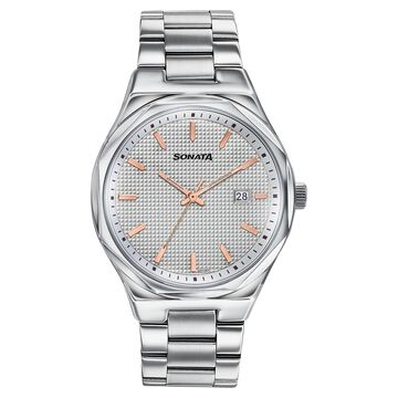 Sonata Jashn Quartz Analog Grey Dial Silver Metal Strap Watch For Men