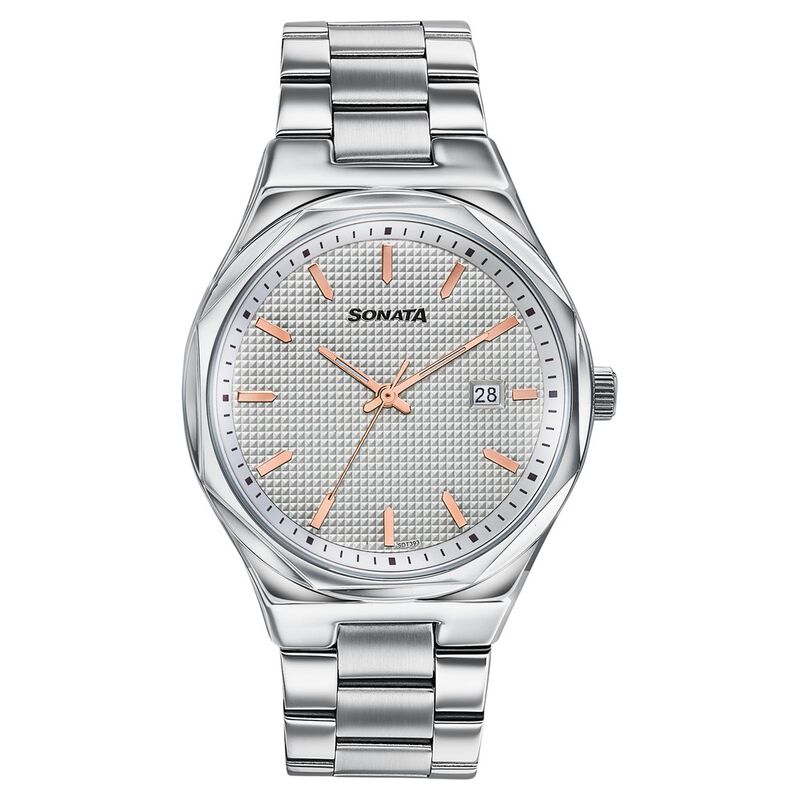 Sonata Jashn Quartz Analog Grey Dial Silver Metal Strap Watch For Men