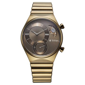 Titan Micromotors Analog with Date and Sun-Moon Sub-Dial and Khaki Dial Khaki Stainless Steel Strap Watch for Men