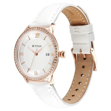 Titan Bright Leathers Silver Dial Analog with Date Leather Strap watch for Women