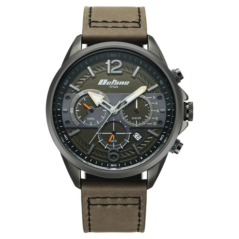 Titan Octane Cred Analog with Green Dial Grey Leather Strap Watch for Men