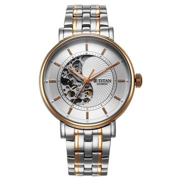 Titan Yin Yang Skeletal Automatic Analog with White Dial Silver and Rose Gold Stainless Steel Strap Watch for Men