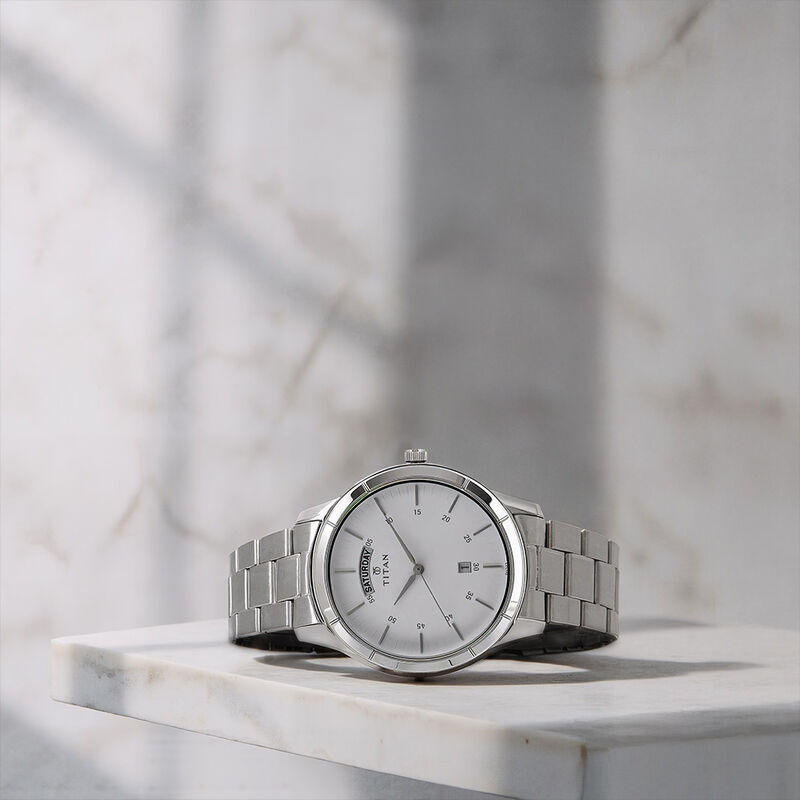 Titan Workwear White Dial Analog with Day and Date Stainless Steel Strap watch for Men