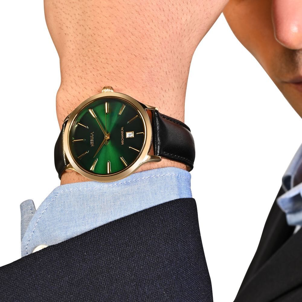 Buy Online Nebula by Titan Abhiyant Hand Wound Mechanical Analog with Date Green Dial Leather Strap Watch for Men ns5078dl03 Titan