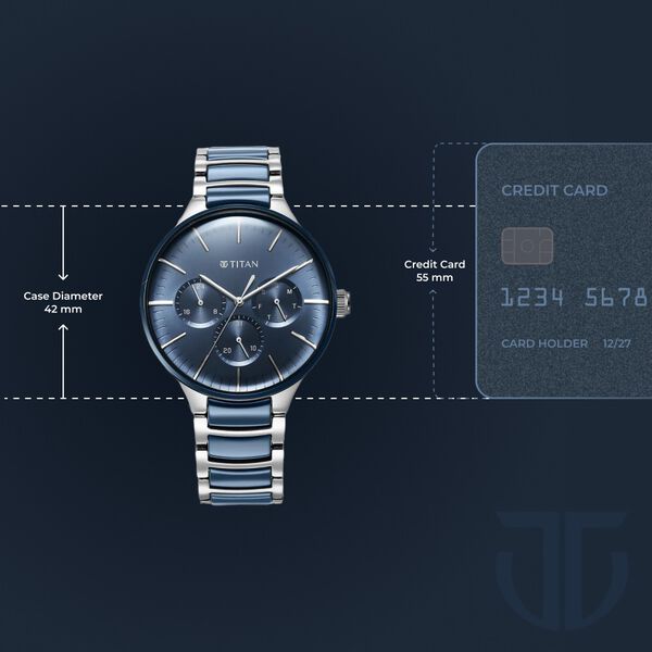 Titan Ceramic Fusion Quartz Multifunction Blue Dial Silver Dual-Toned Stainless Steel Bracelet Watch for Men - image number 2