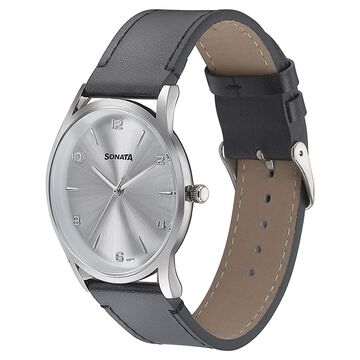 Sonata Quartz Analog Silver Dial Black Leather Strap Watch For Men