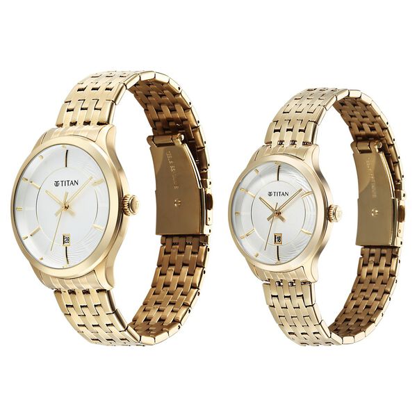 Titan Modern Bandhan Pair Analog with White Dial Yellow Gold Stainless Steel Strap Watch for Couples - image number 2
