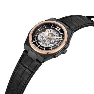 Kenneth Cole Mechanical Hand Wound Analog Mechanical Black Round Dial Black Leather Strap Watch For Men
