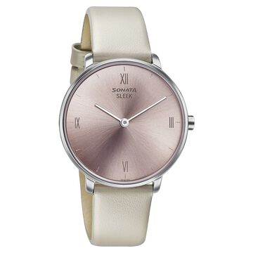 Sonata Sleek Quartz Analog Pink Dial Beige Leather Strap Watch for Women