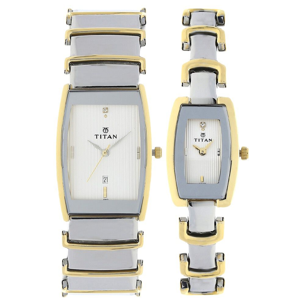 Titan Quartz Analog with Date Silver Dial Metal Strap Watch for Couple