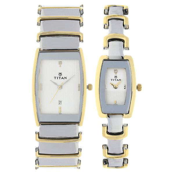 Titan Quartz Analog with Date Silver Dial Metal Strap Watch for Couple - image number 0