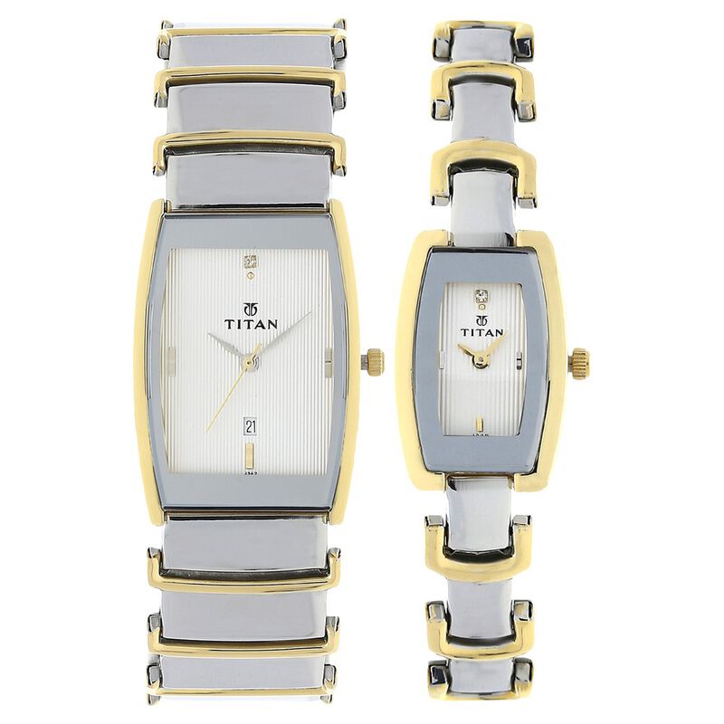 Titan Quartz Analog with Date Silver Dial Metal Strap Watch for Couple