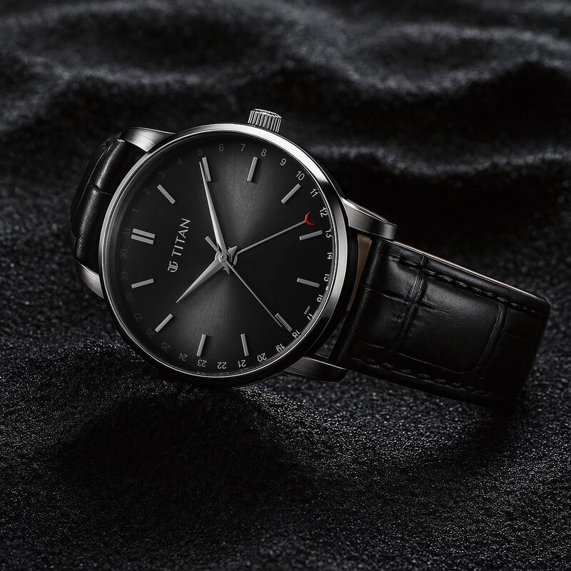 Titan Elegance Analog with Date by Hand and Dark Grey Dial Black Leather Strap Watch for Men