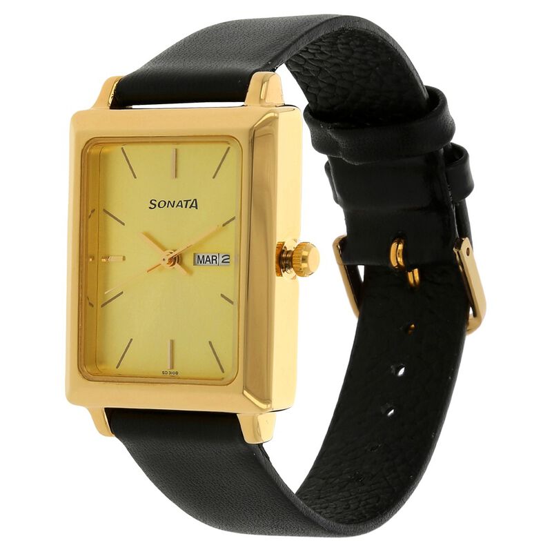 Sonata Quartz Analog with Day and Date Champagne Dial Leather Strap Watch for Men - image number 1
