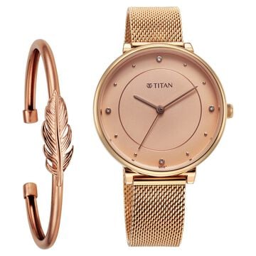 Titan Purple Stackables Quartz Analog Pink Dial Stainless Steel Strap Watch for Women