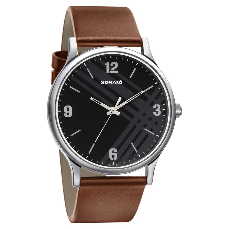 Sonata Smart Plaid Quartz Analog Black Dial Leather Strap Watch for Men