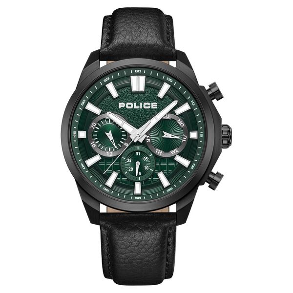 Police Quartz Multifunction Green Dial Black Leather Strap Watch For Men - image number 0