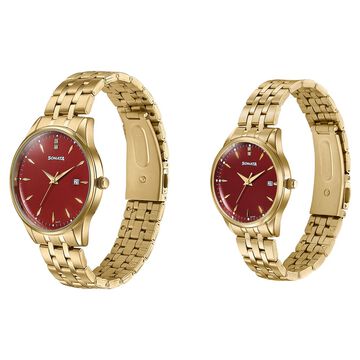 Sonata Jashn Quartz Analog Red Dial Golden Metal Strap Watch For Couple