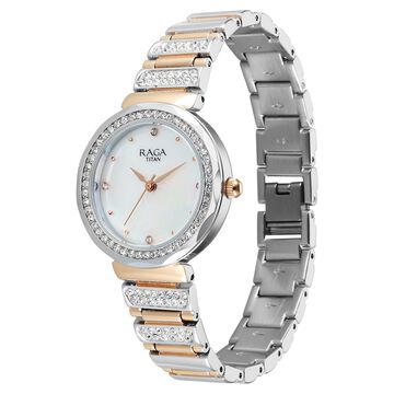 Titan Raga Spotlight Quartz Analog Mother of Pearl Dial Two Toned Metal Strap Watch For Women