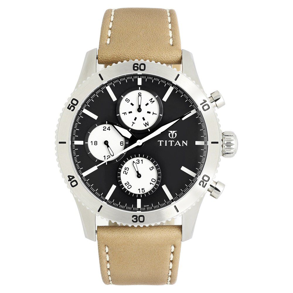 Buy Online Titan Quartz Chronograph Black Dial Leather Strap Watch for Men nl90105kl01 Titan