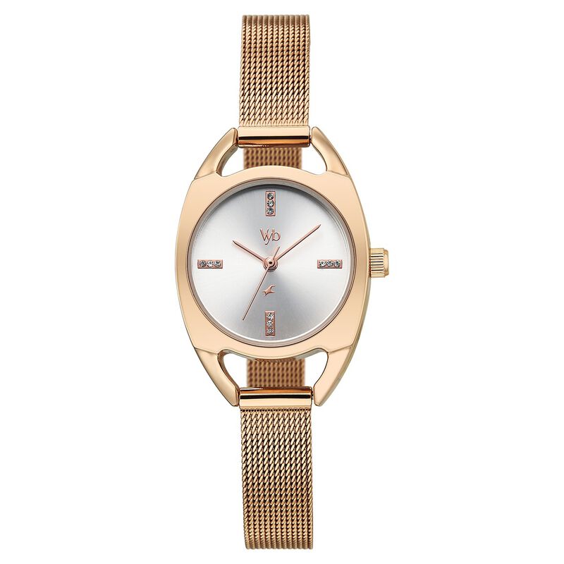 Vyb Spotlight By Fastrack Quartz Analog Silver Dial Rose Gold Stainless Steel Strap Watch For Girls