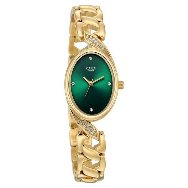 Raga Showstopper Quartz Analog Green Dial Golden Metal Strap Watch For Women - image number 1