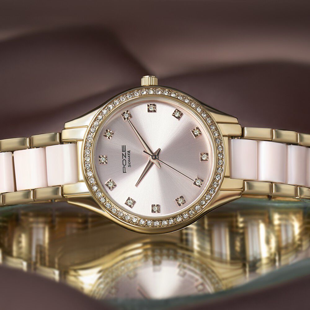 Sonata Poze Quartz Analog Pink Dial Metal & Plastic Strap Watch for Women
