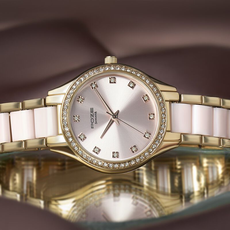 Sonata Poze Quartz Analog Pink Dial Metal & Plastic Strap Watch for Women