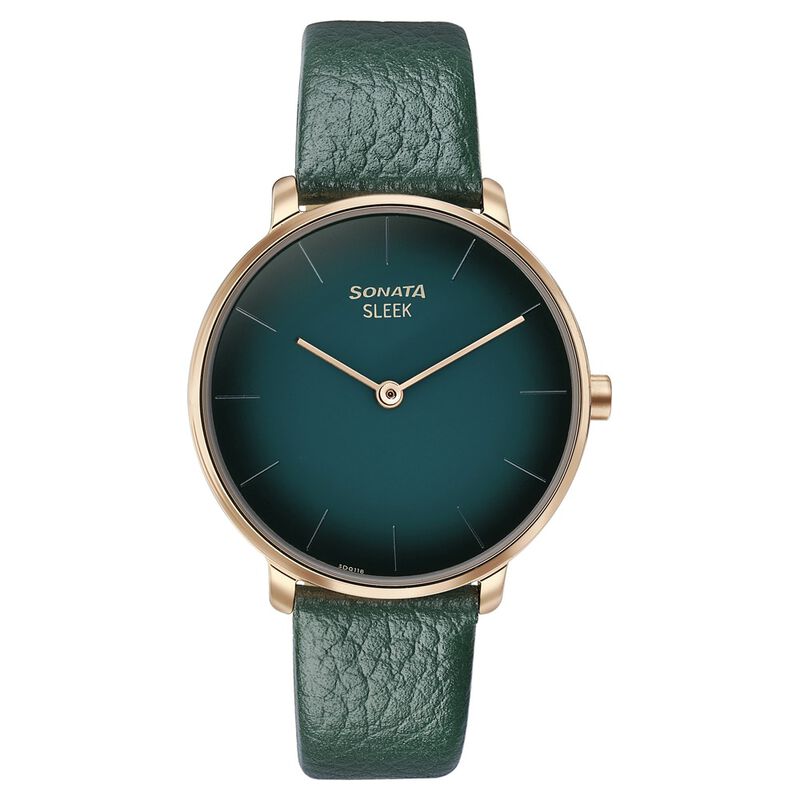 Sonata Sleek Quartz Analog Green Dial Green Leather Strap Watch for Women