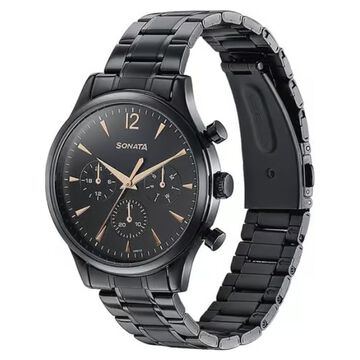 Sonata Wedding Edit Quartz Multifunction Black Dial Stainless Steel Strap Watch For Men
