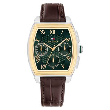 Tommy Hilfiger Quartz Multifunction Green Dial Brown Leather Strap Watch For Men