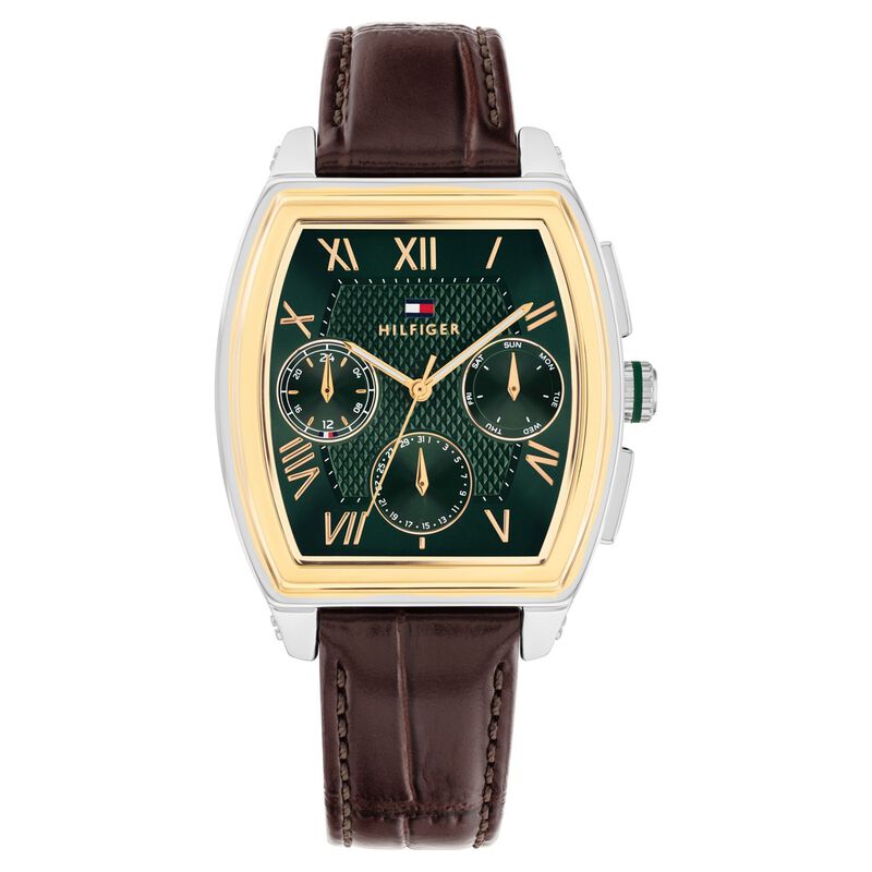 Tommy Hilfiger Quartz Multifunction Green Dial Brown Leather Strap Watch For Men