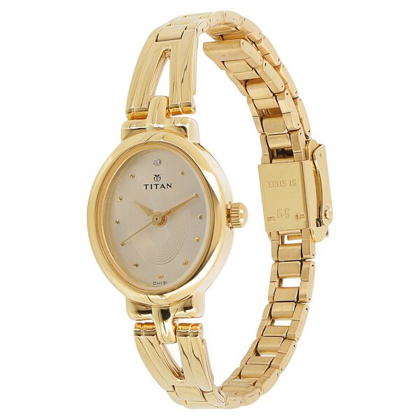 Titan Quartz Analog Champagne Dial Golden Stainless Steel Strap Oval Shaped Watch For Women - image number 1