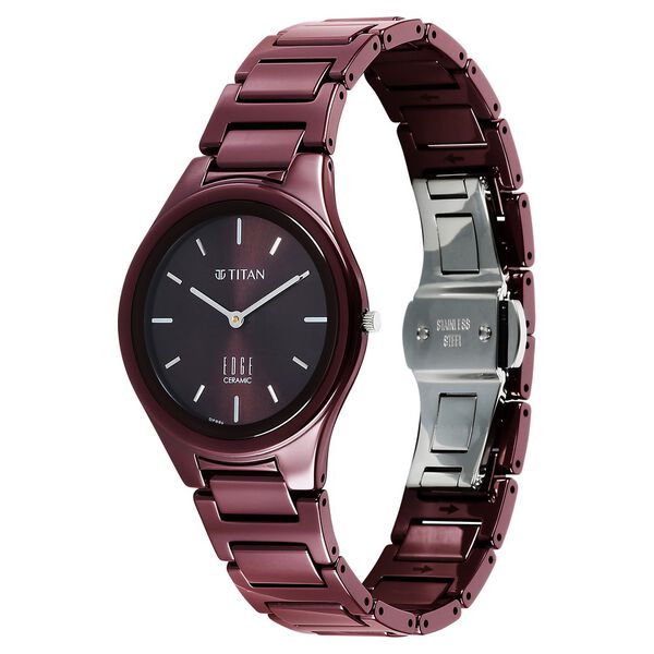 Titan Edge Wine Ceramic Quartz Analog Maroon Dial Red Ceramic Strap Watch For Women - image number 2