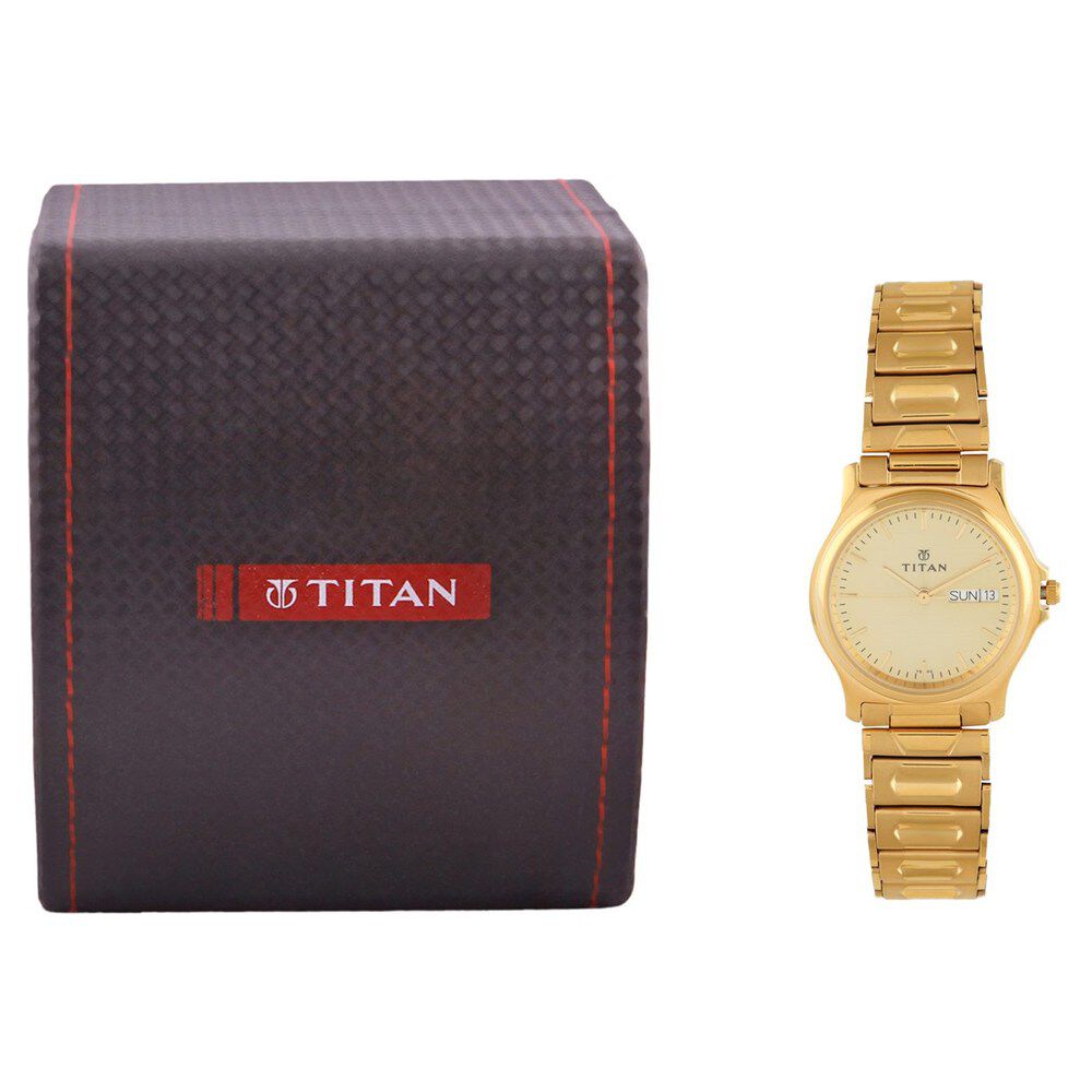 Titan Quartz Analog with Day and Date Champagne Dial Metal Strap Watch for Men