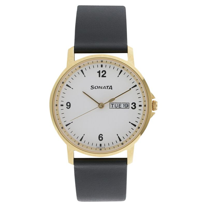 Sonata Quartz Analog with Day and Date White Dial Leather Strap Watch for Men