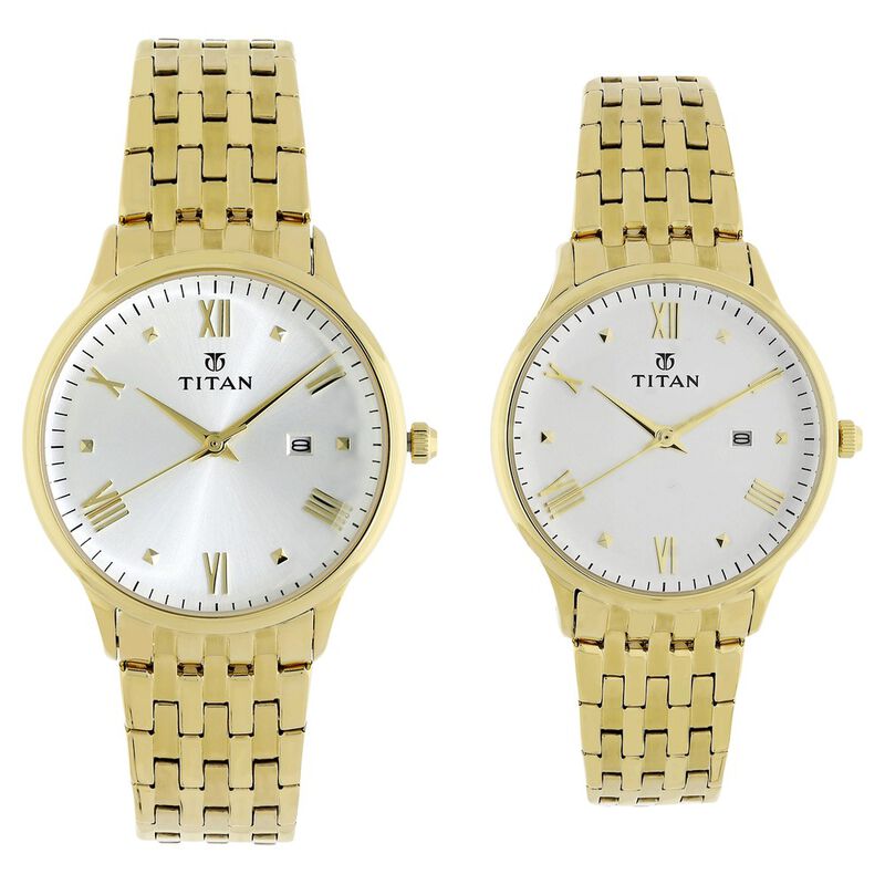 Titan Bandhan White Dial Analog with Date Stainless Steel Strap watch for Couple