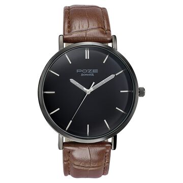 Sonata Poze Quartz Analog Black Dial Tan Leather Strap Watch For Men