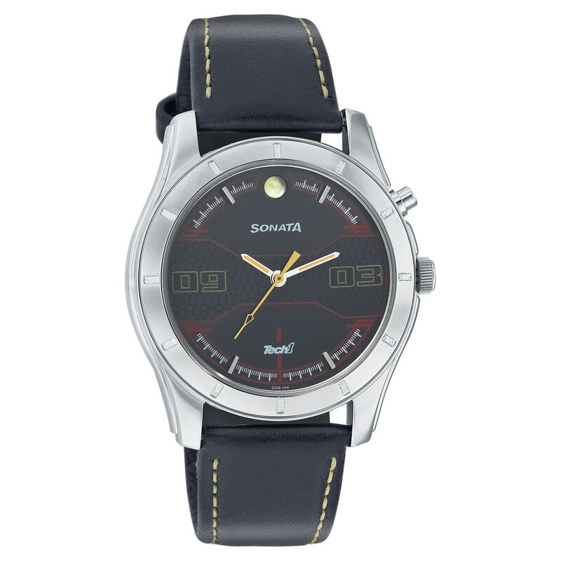 Sonata Quartz Analog Black Dial Leather Strap Watch for Men
